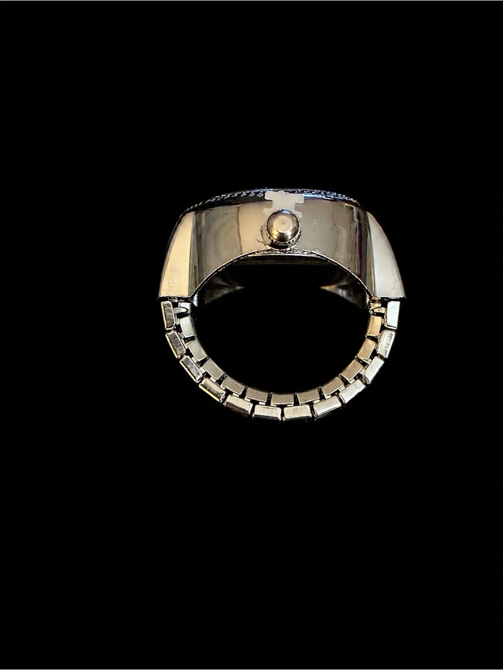 Silver Heart-Shaped Rhinestone Quartz Finger Watch Ring